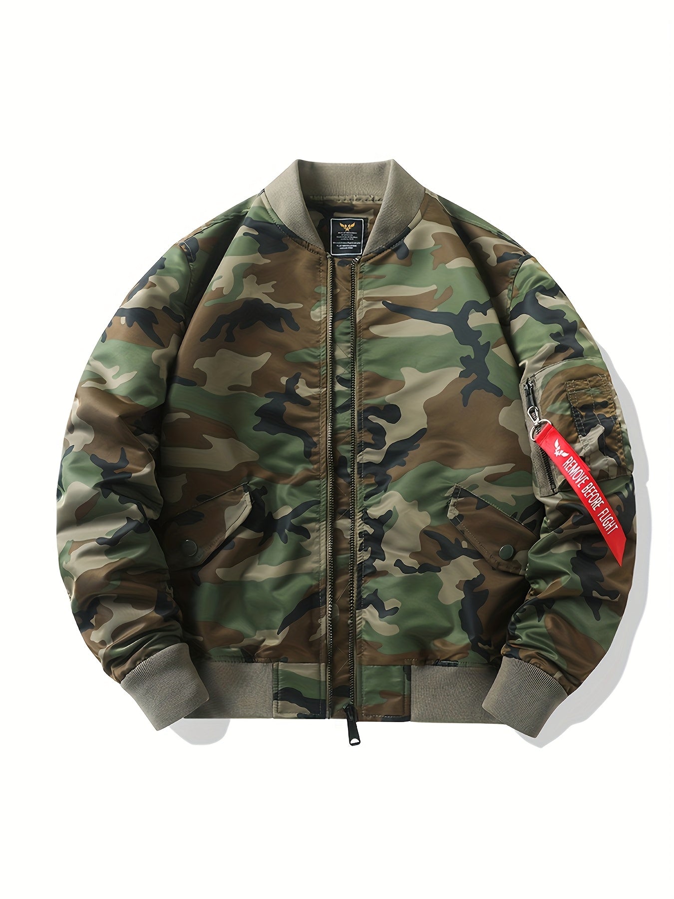 Fashionable Men's Camo Bomber Jacket, Stand Collar, Zipper