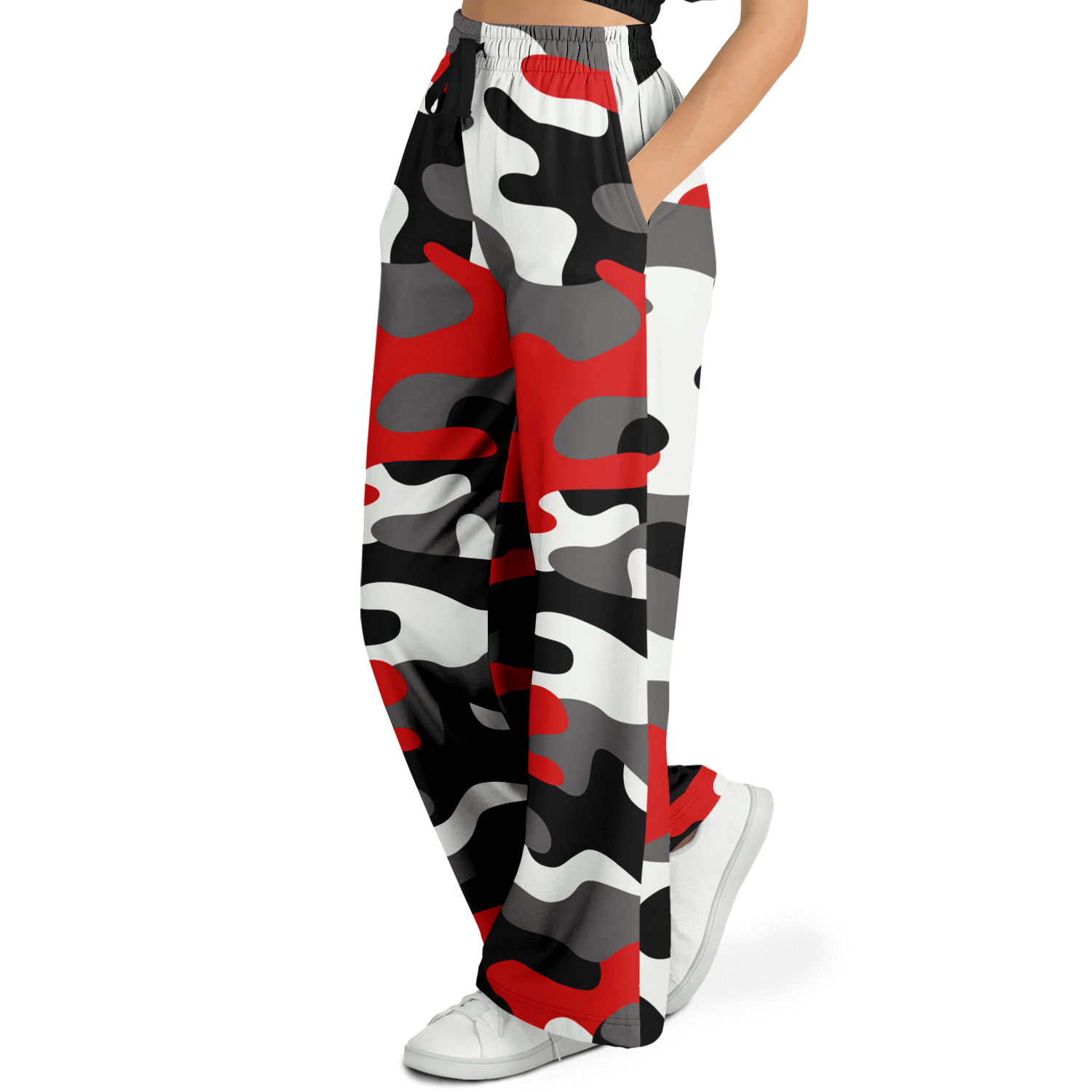 Camo Wide Leg Pants For Women | Red, Black & White Camouflage