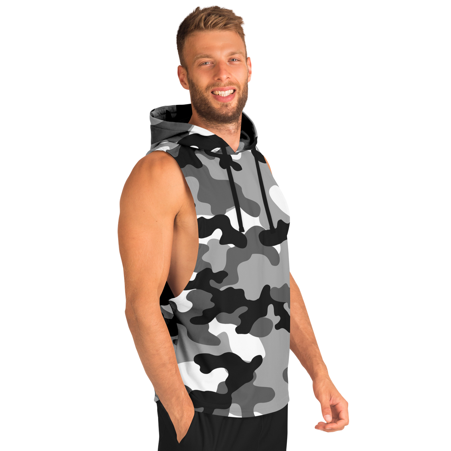 Sleeveless Hoodie | Black, White & Gray Camouflage