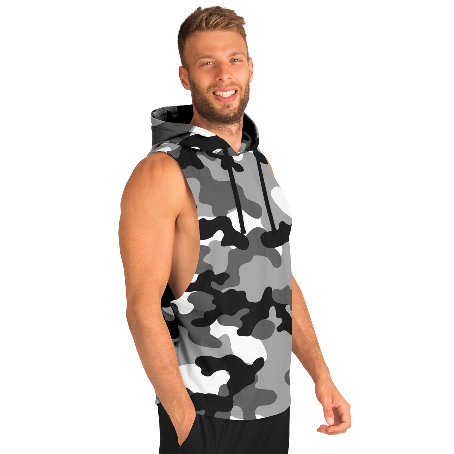 Sleeveless Hoodie | Black, White & Gray Camouflage