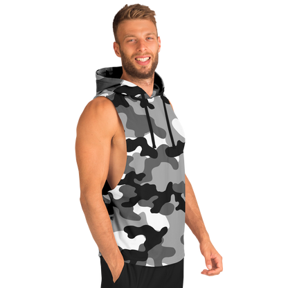 Sleeveless Hoodie | Black, White & Gray Camouflage