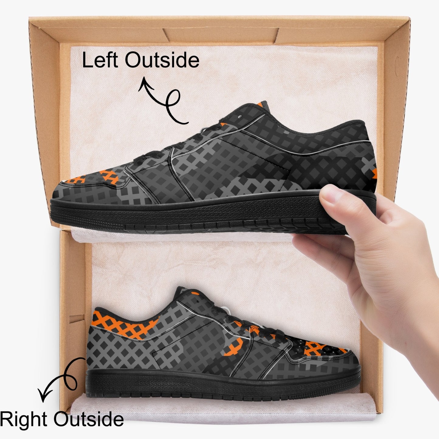 Camo Sneakers | Black and Orange Low-Top Leather Camouflage