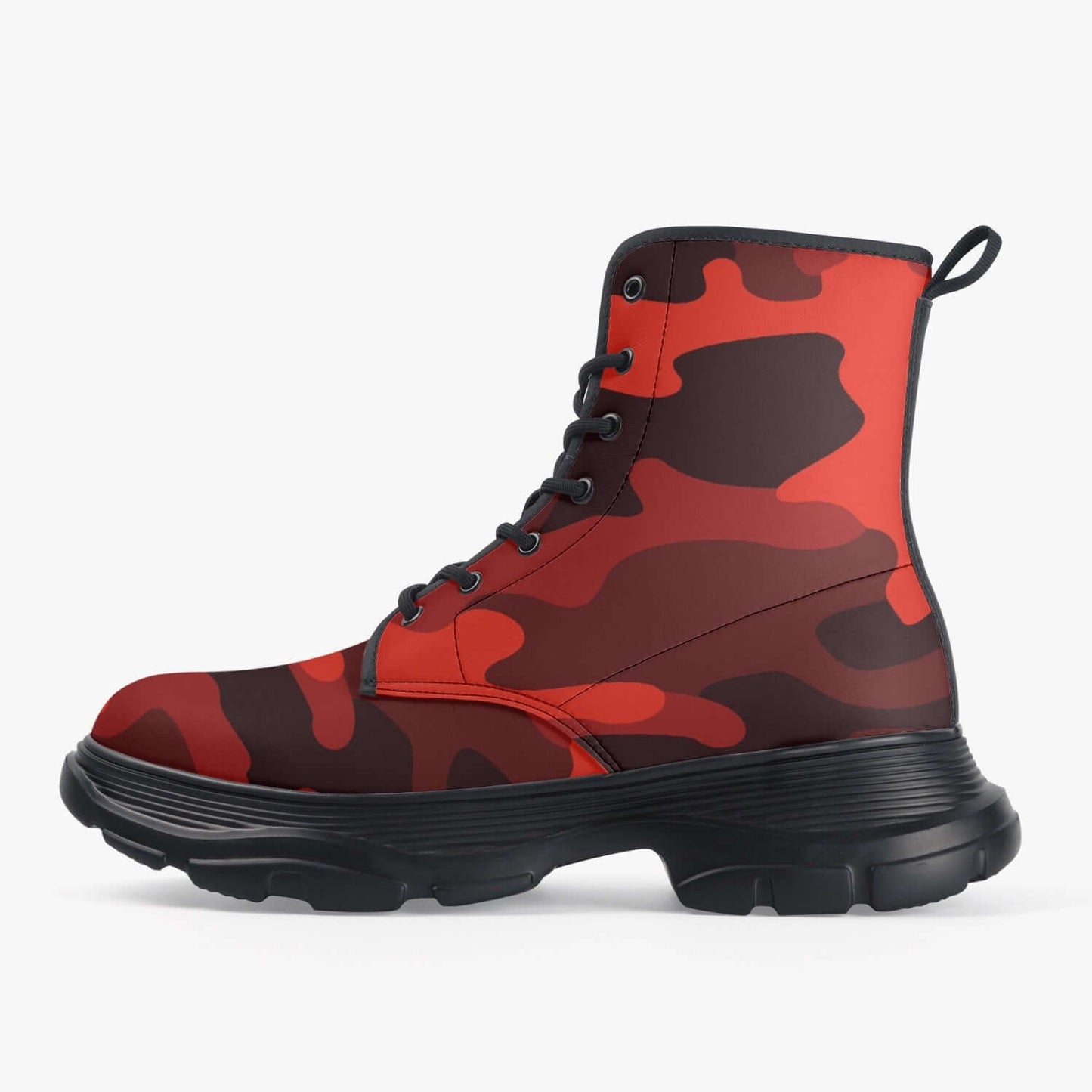 Chunky Boots | Leather in Scarlet Red & Black Camouflage