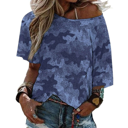 Off The Shoulder Top | Denim Blue Camo Shirt