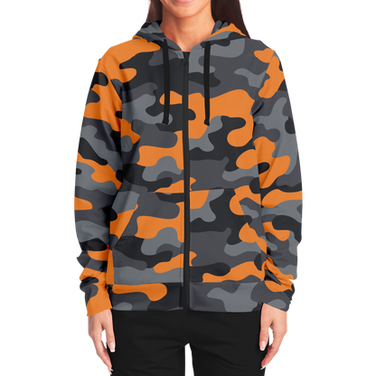 Zip-Up Hoodie | Orange, Black, and Gray Camouflage