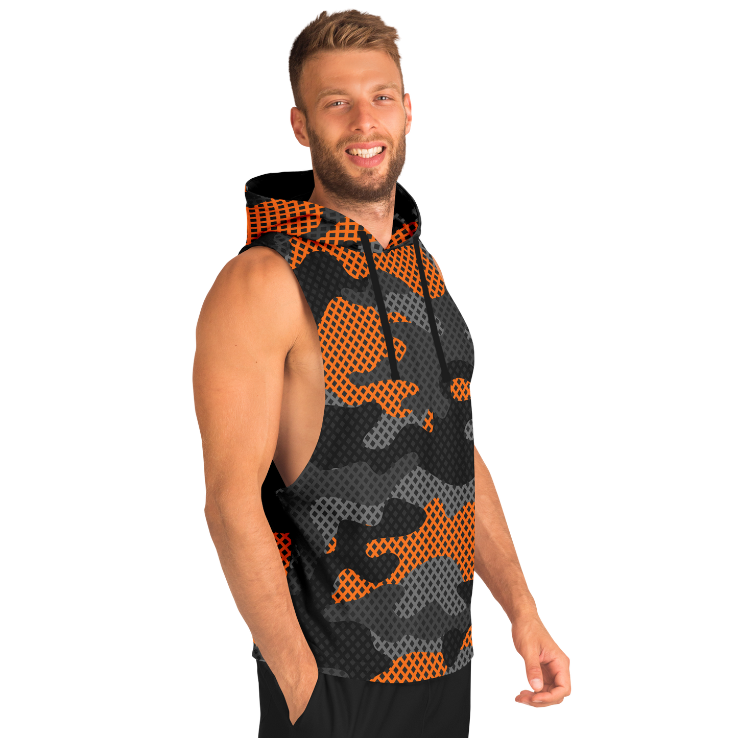 Sleeveless Hoodie | Black & Orange Pixel Camouflage