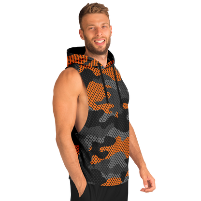 Sleeveless Hoodie | Black & Orange Pixel Camouflage