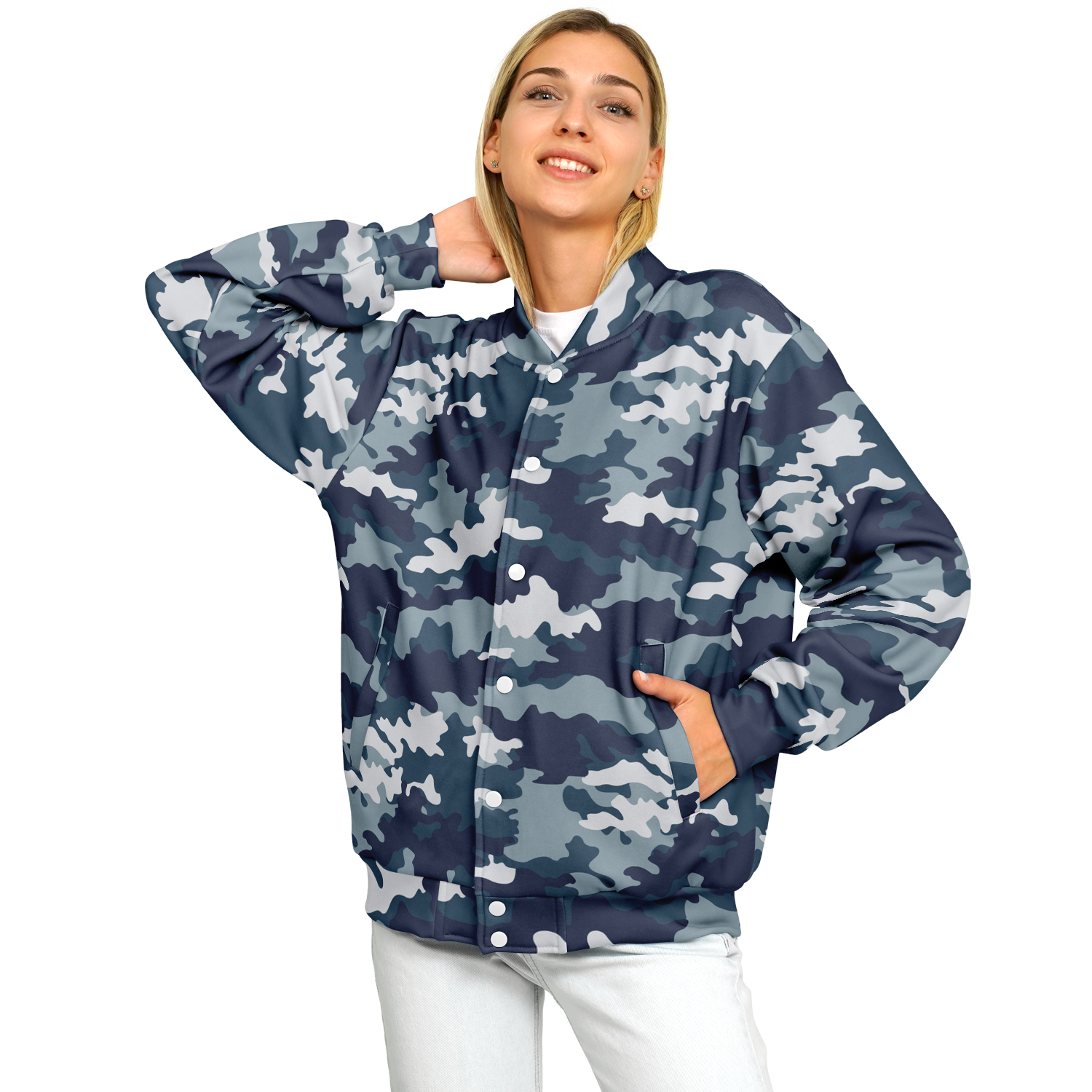 Baseball Jacket in Navy Blue Camouflage Print