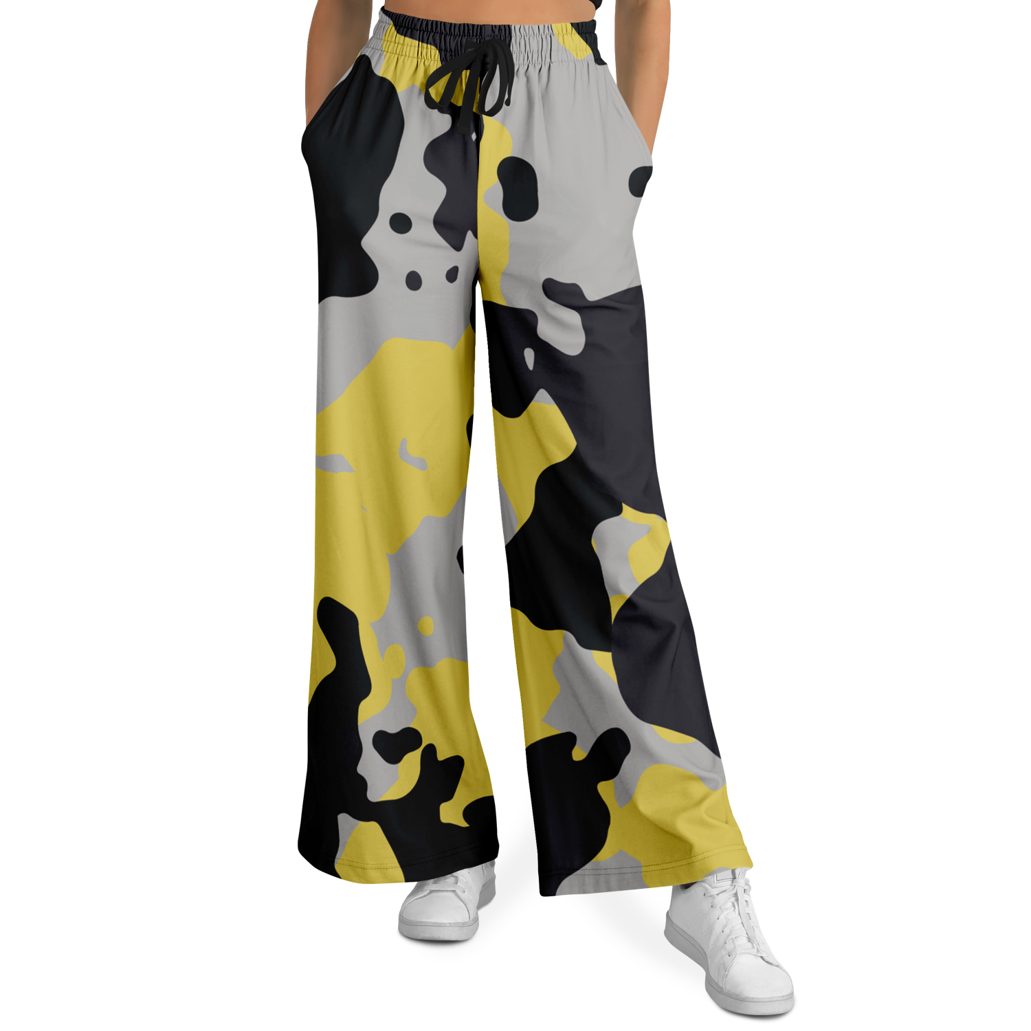 Camo Wide Leg Pants | Yellow, Black & Silver Camouflage