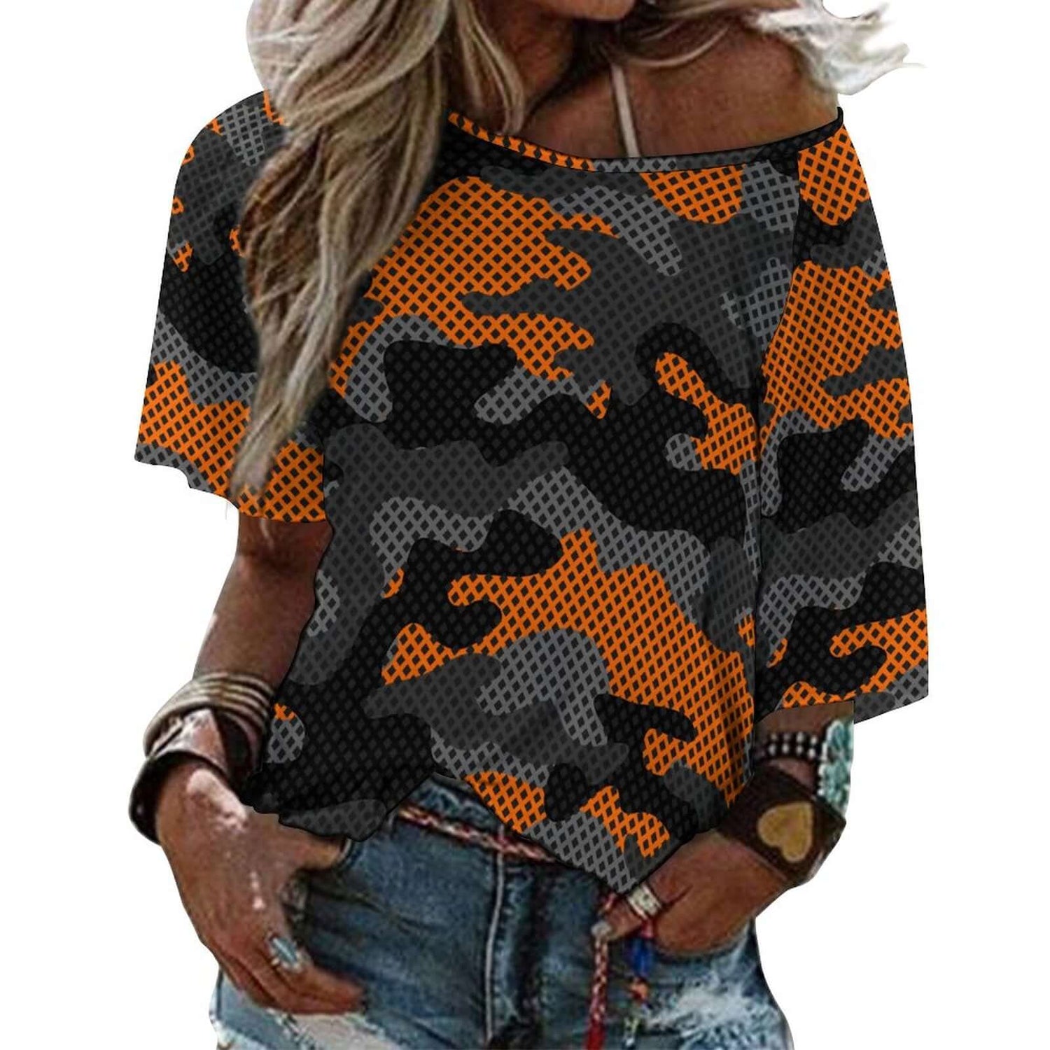 Off The Shoulder Top | Black & Orange Pixel Camo Shirt