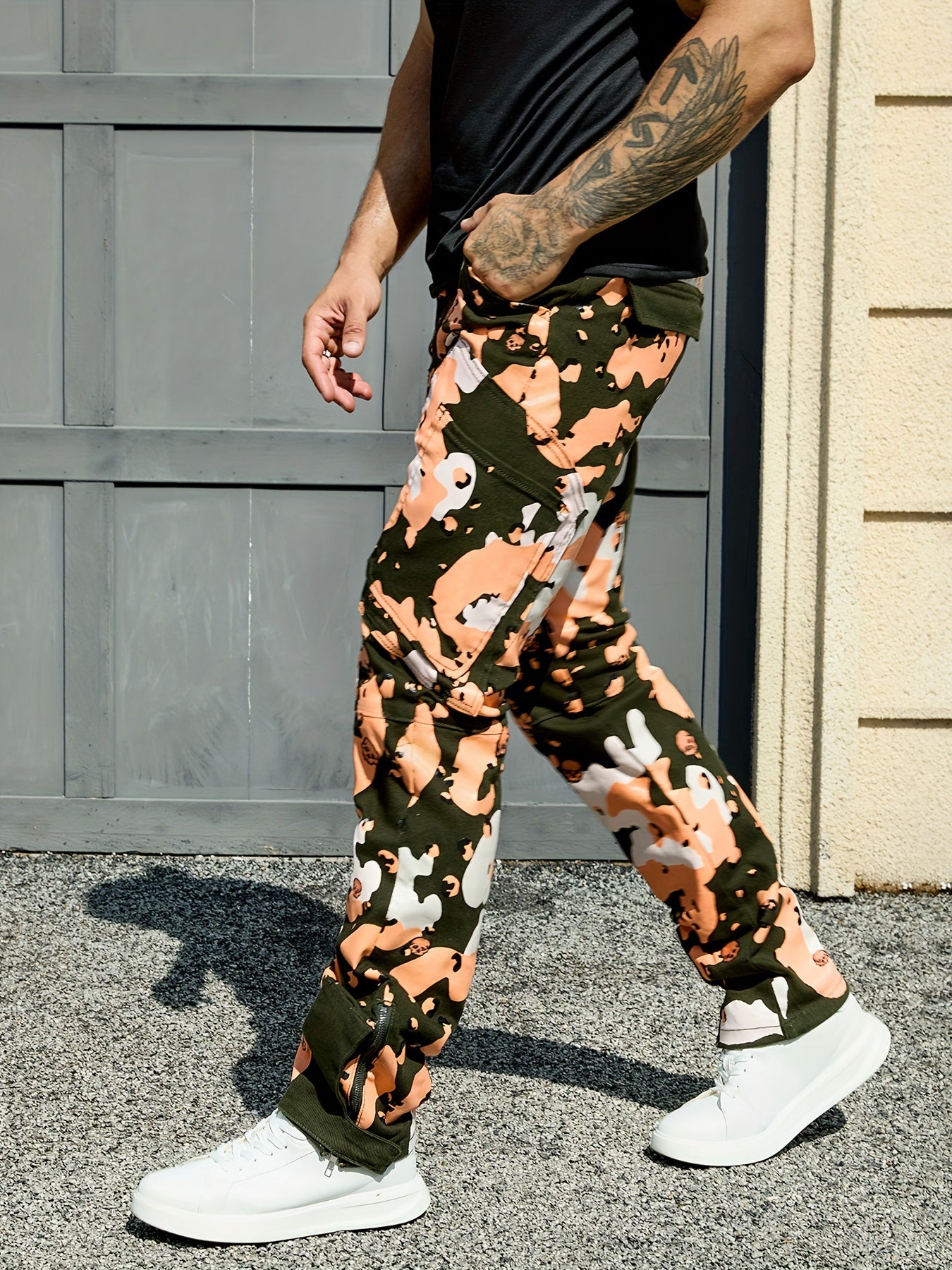 Men's Stretch Twill Pants: Full Print, Embroidery, Zipper Pockets