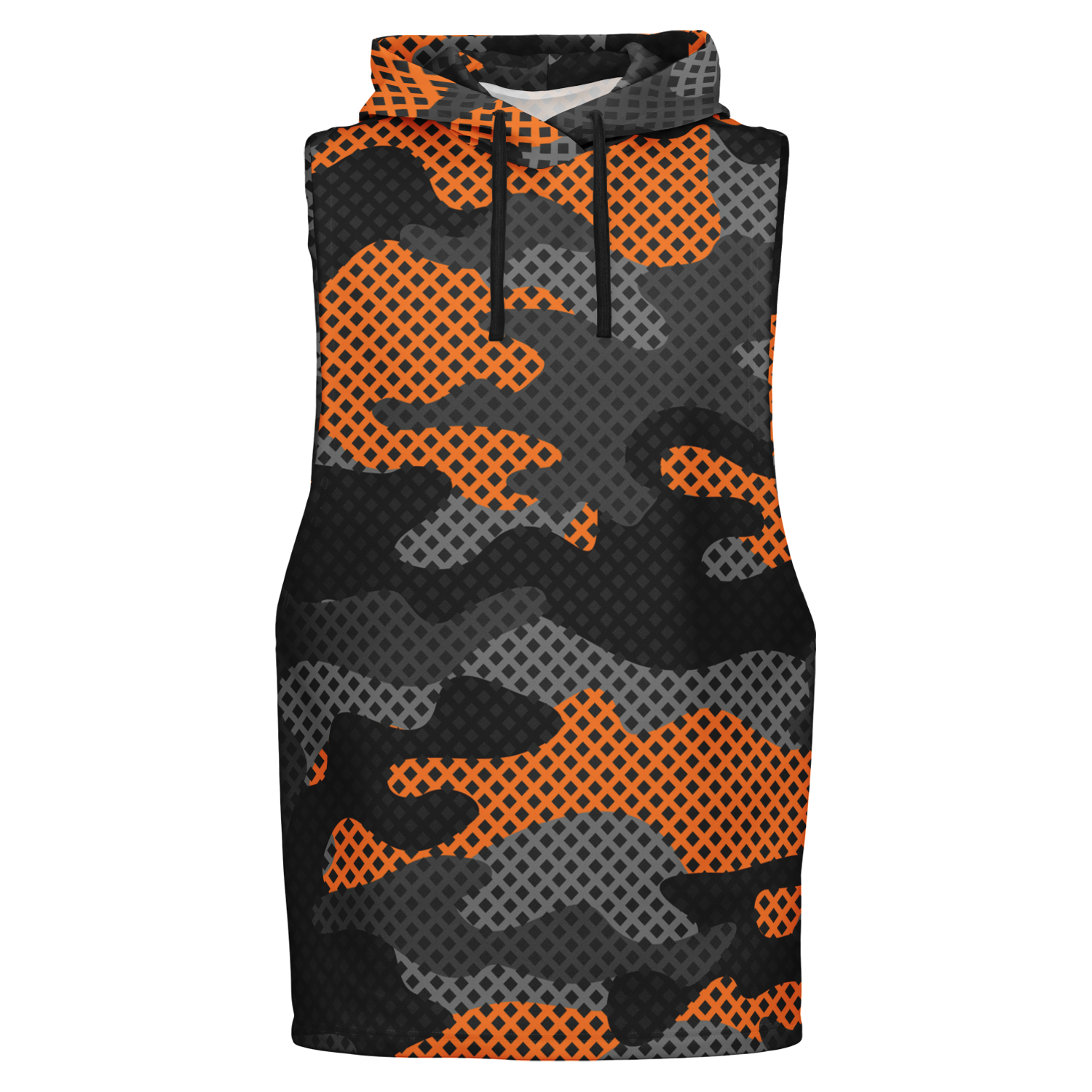 Sleeveless Hoodie | Black & Orange Pixel Camouflage