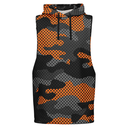 Sleeveless Hoodie | Black & Orange Pixel Camouflage