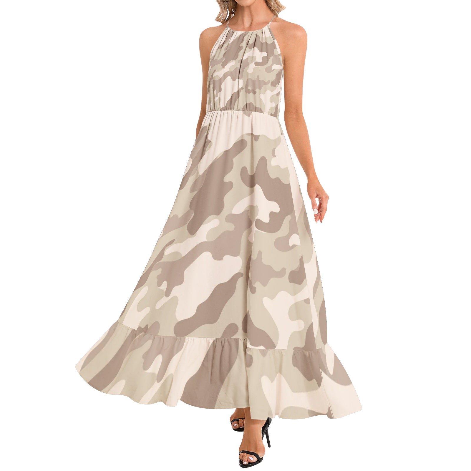 Camo Maxi Dress | Desert Brown Camouflage | Ruffle Hem