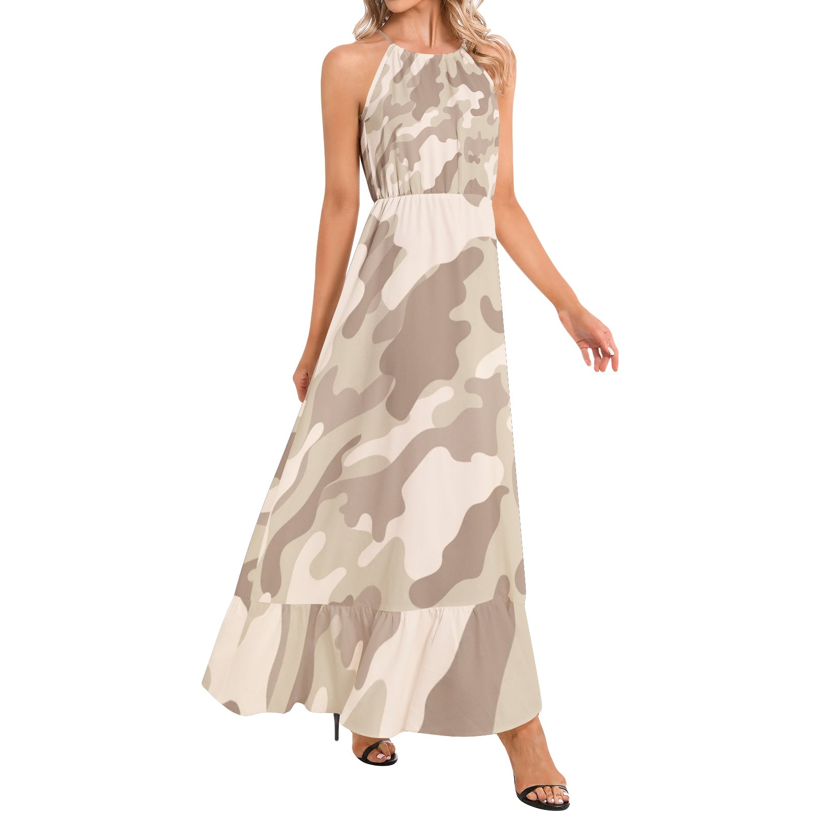 Camo Maxi Dress | Desert Brown Camouflage | Ruffle Hem