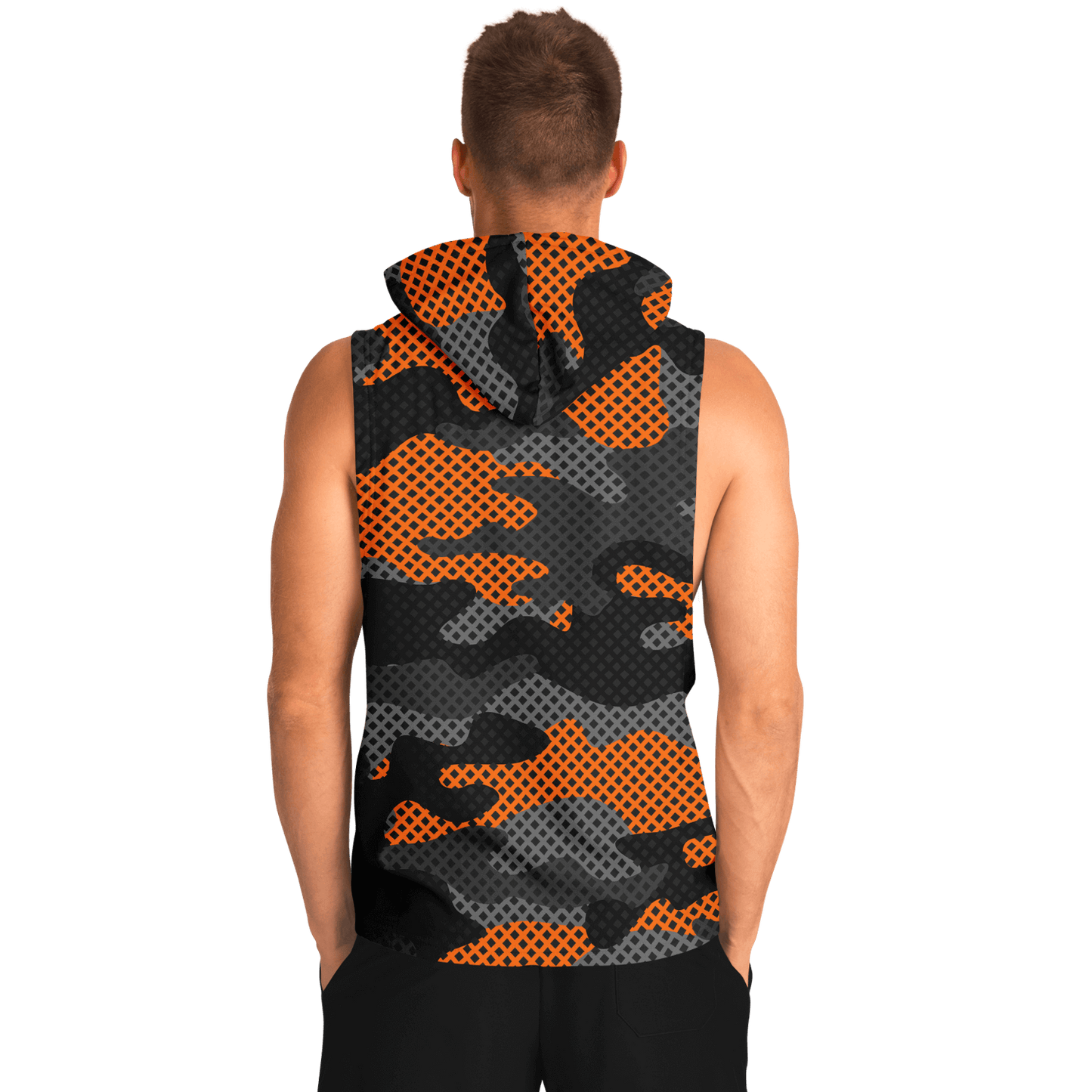 Sleeveless Hoodie | Black & Orange Pixel Camouflage