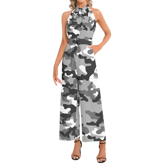 Camo Jumpsuit | Belted Halter Neck | Gray, Black and White