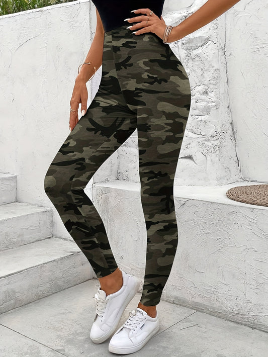 Leggings elegantes con estampado de camuflaje para mujer: mezcla de poliéster y elastano, largo largo