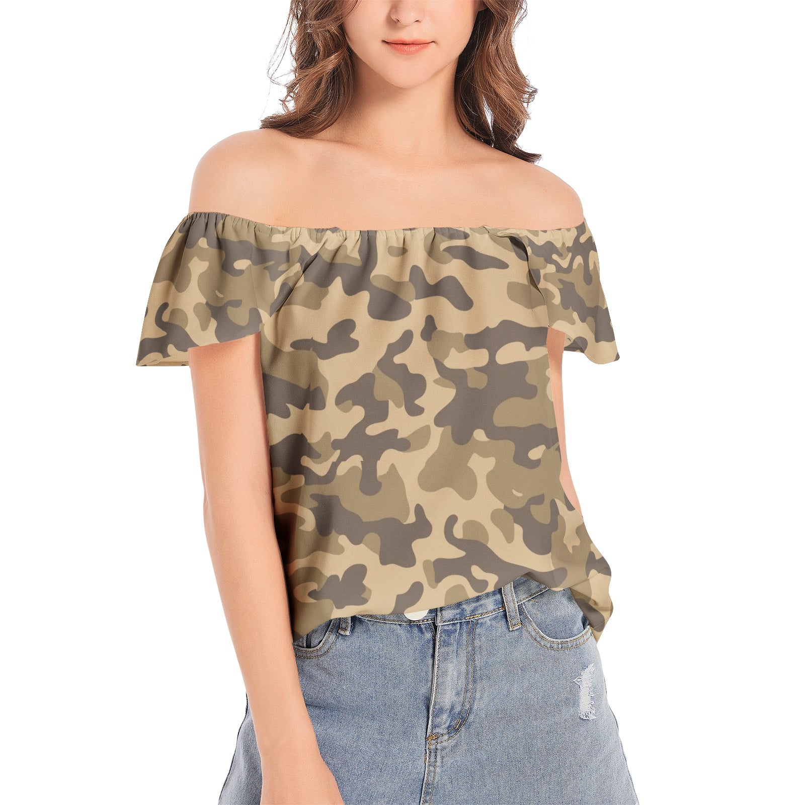 Off The Shoulder Camo Top | Khaki Camouflage