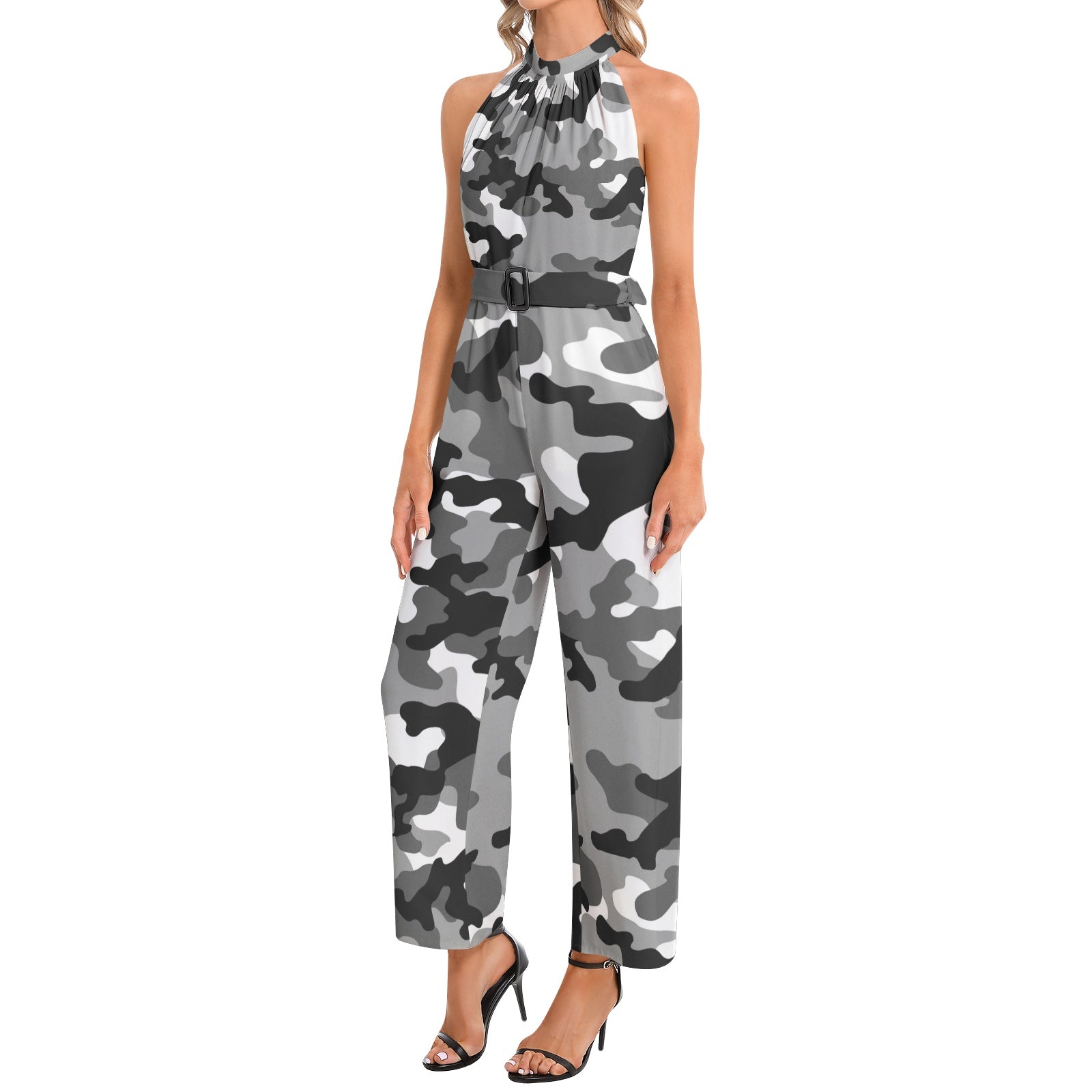 Camo Jumpsuit | Belted Halter Neck | Gray, Black and White