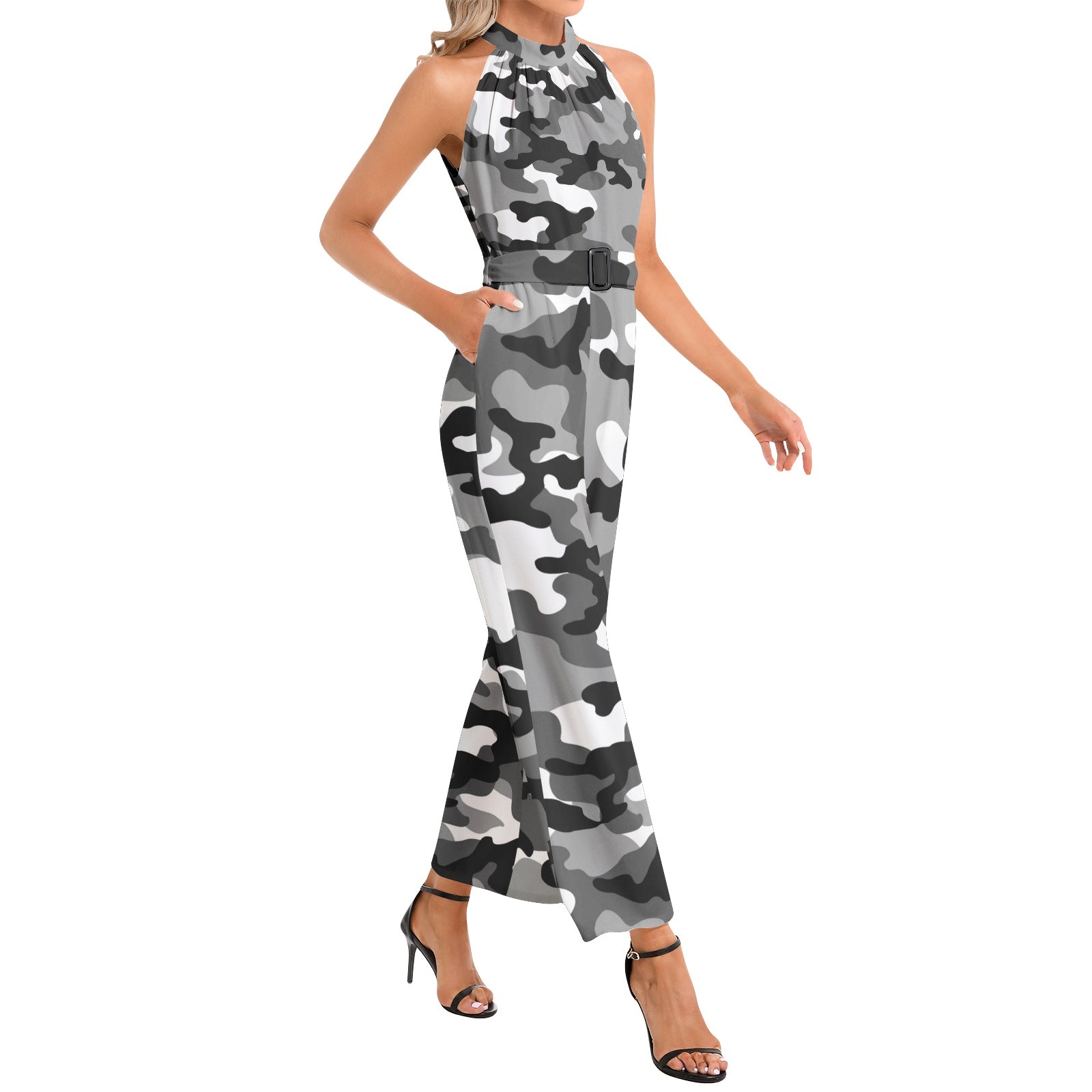 Camo Jumpsuit | Belted Halter Neck | Gray, Black and White