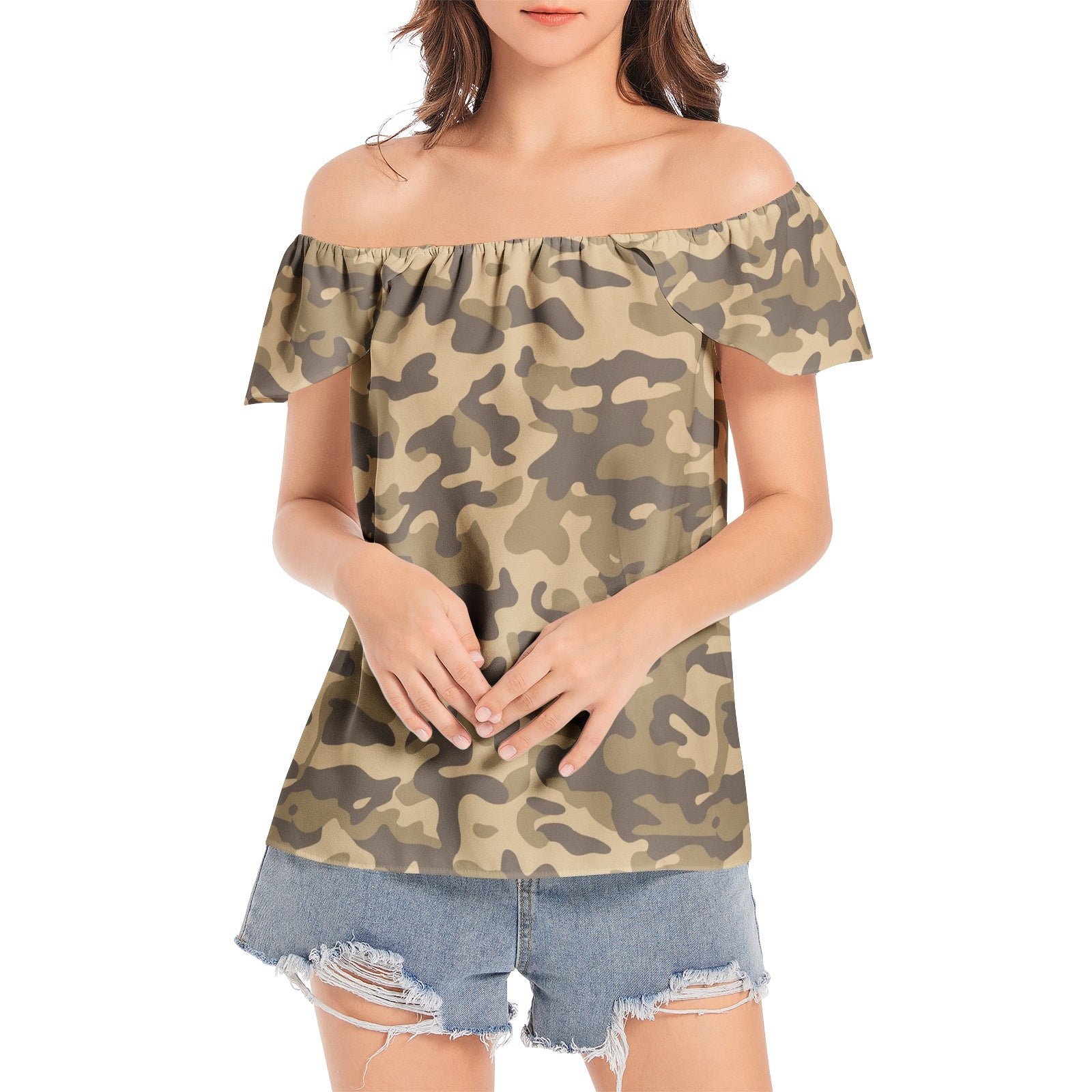 Off The Shoulder Camo Top | Khaki Camouflage