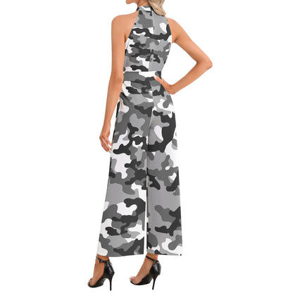 Camo Jumpsuit | Belted Halter Neck | Gray, Black and White