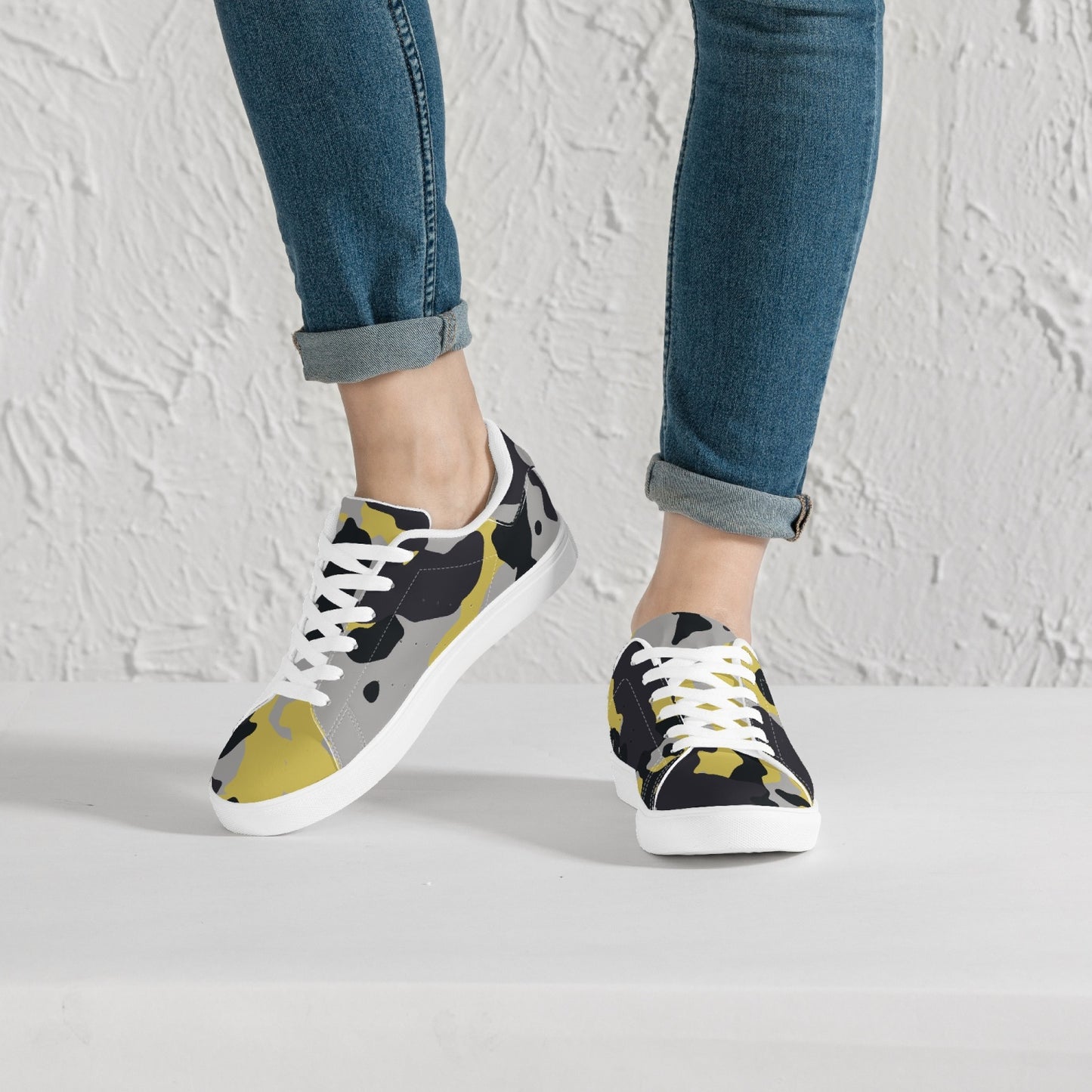 Camo Sneakers | Classic Low-Top Leather | Yellow, Black, & Silver