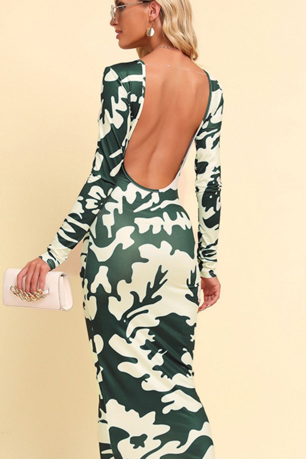 Printed Backless Long Sleeve Maxi Camo Dress