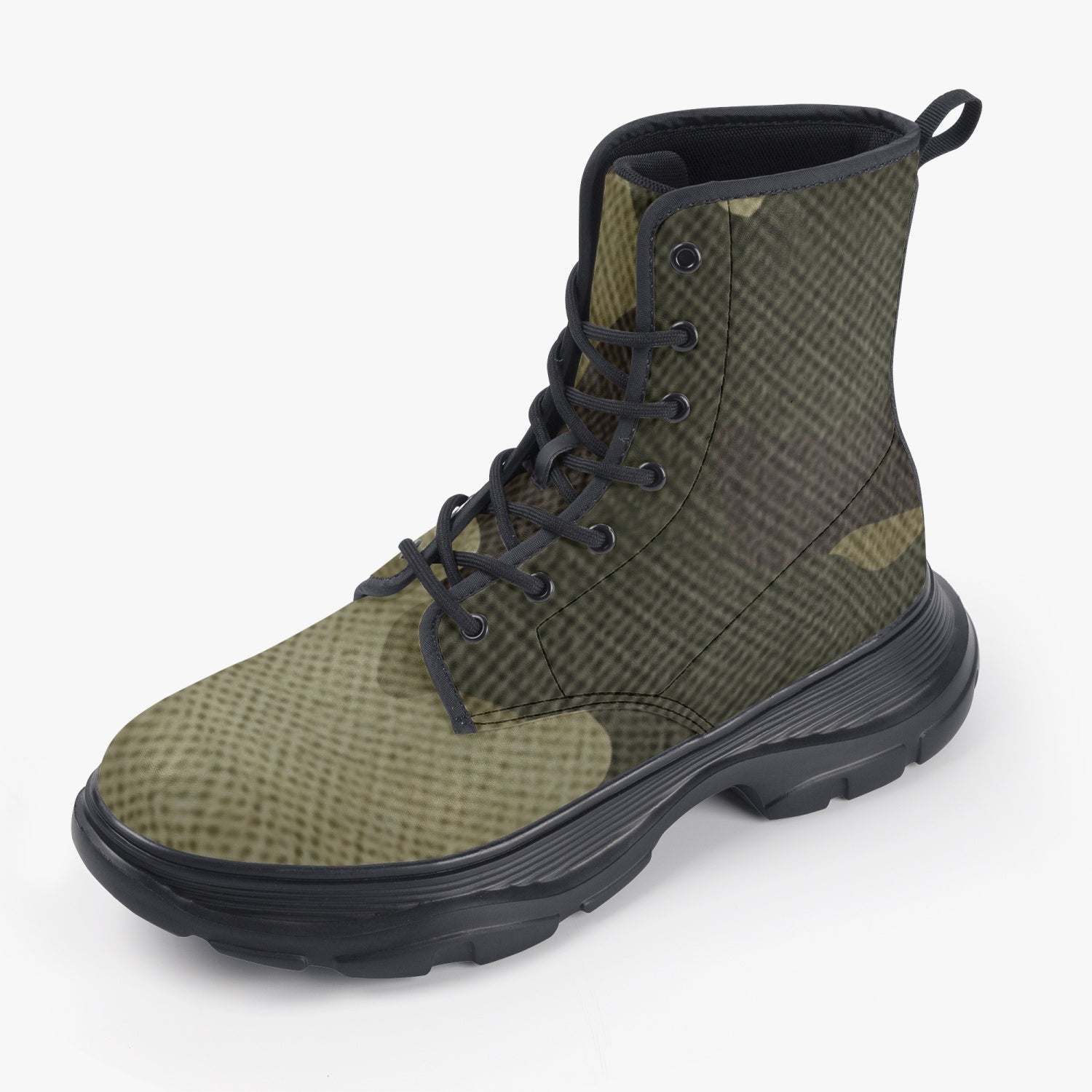 Chunky Boots | Leather in Green Fabric Camouflage