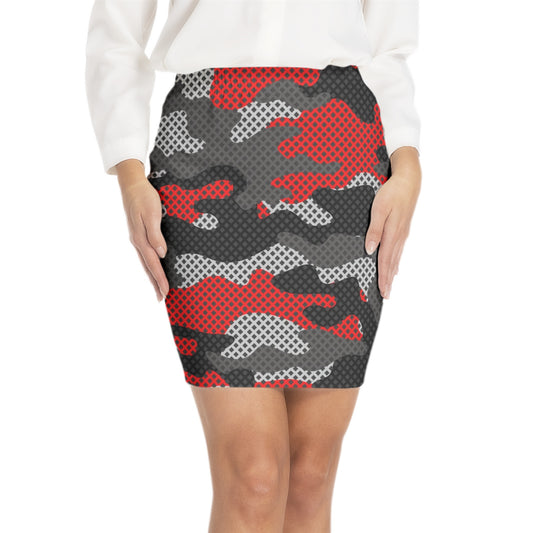 Camo Skirt | Elastic Waist Bodycon | Red, Black & Gray Pixel