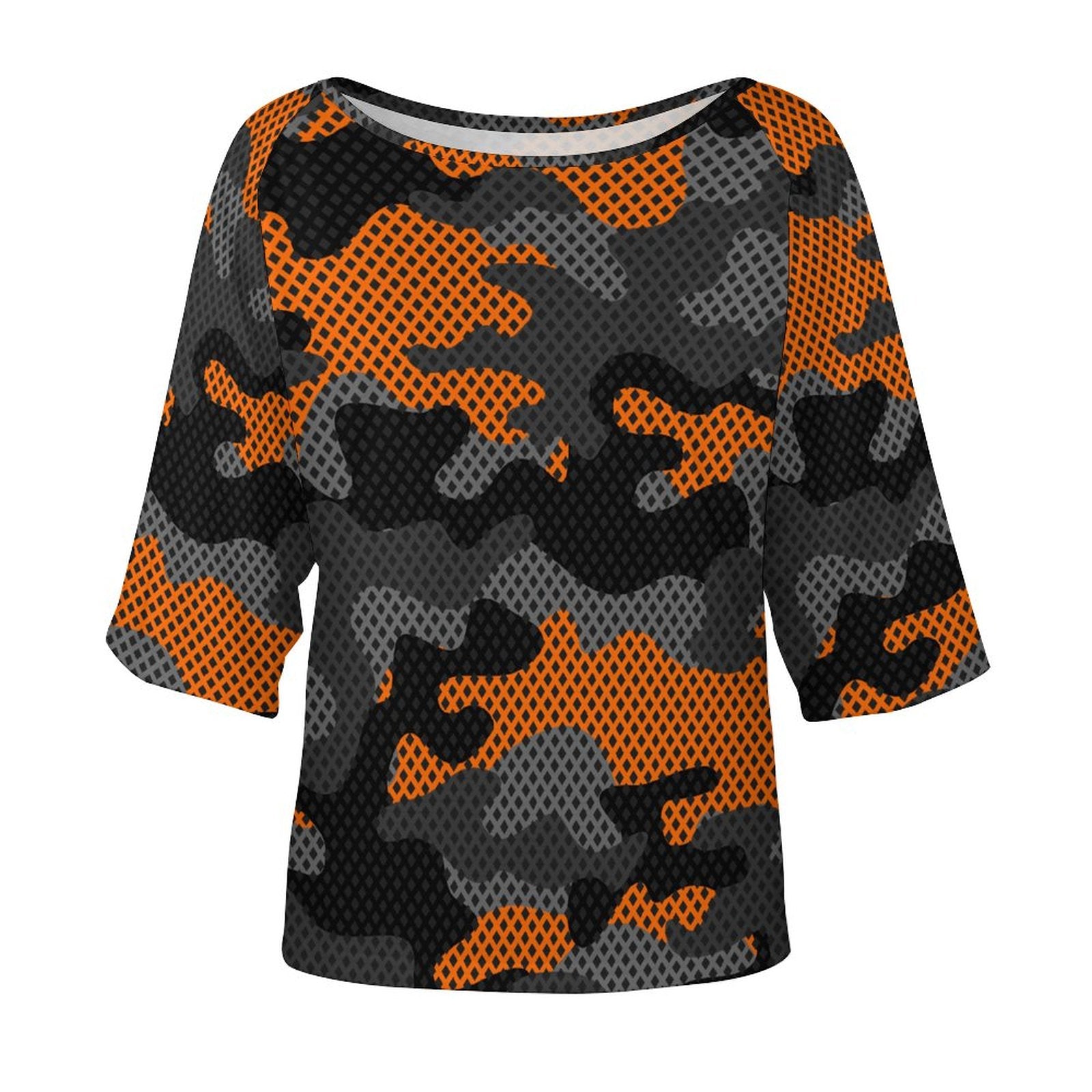 Off The Shoulder Top | Black & Orange Pixel Camo Shirt