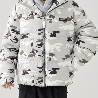 Camo Print Puffer Jacket for Men | Loose Fit, Letter Pattern