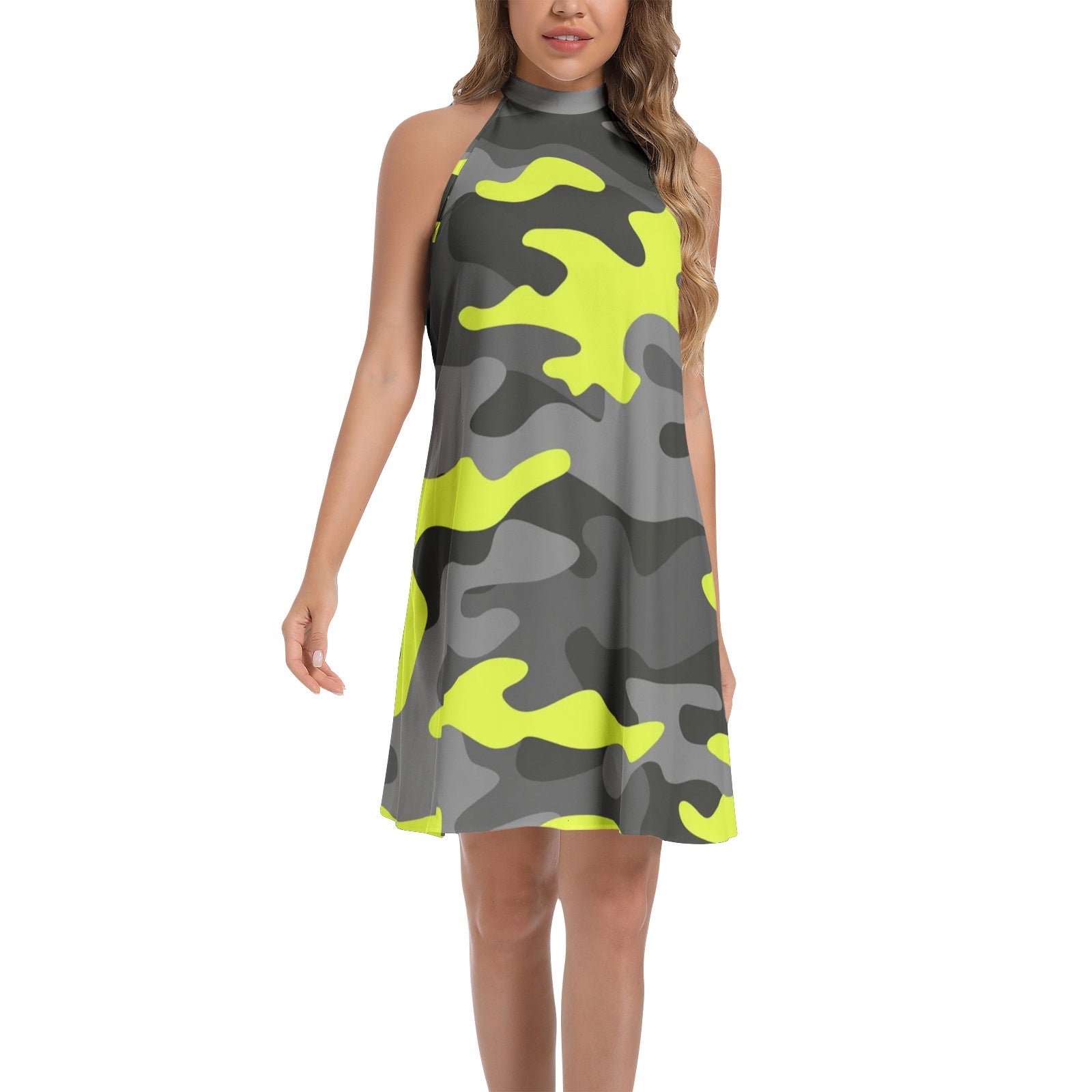 Flared Camo Dress | Halter Neck | Yellow, Black and Gray