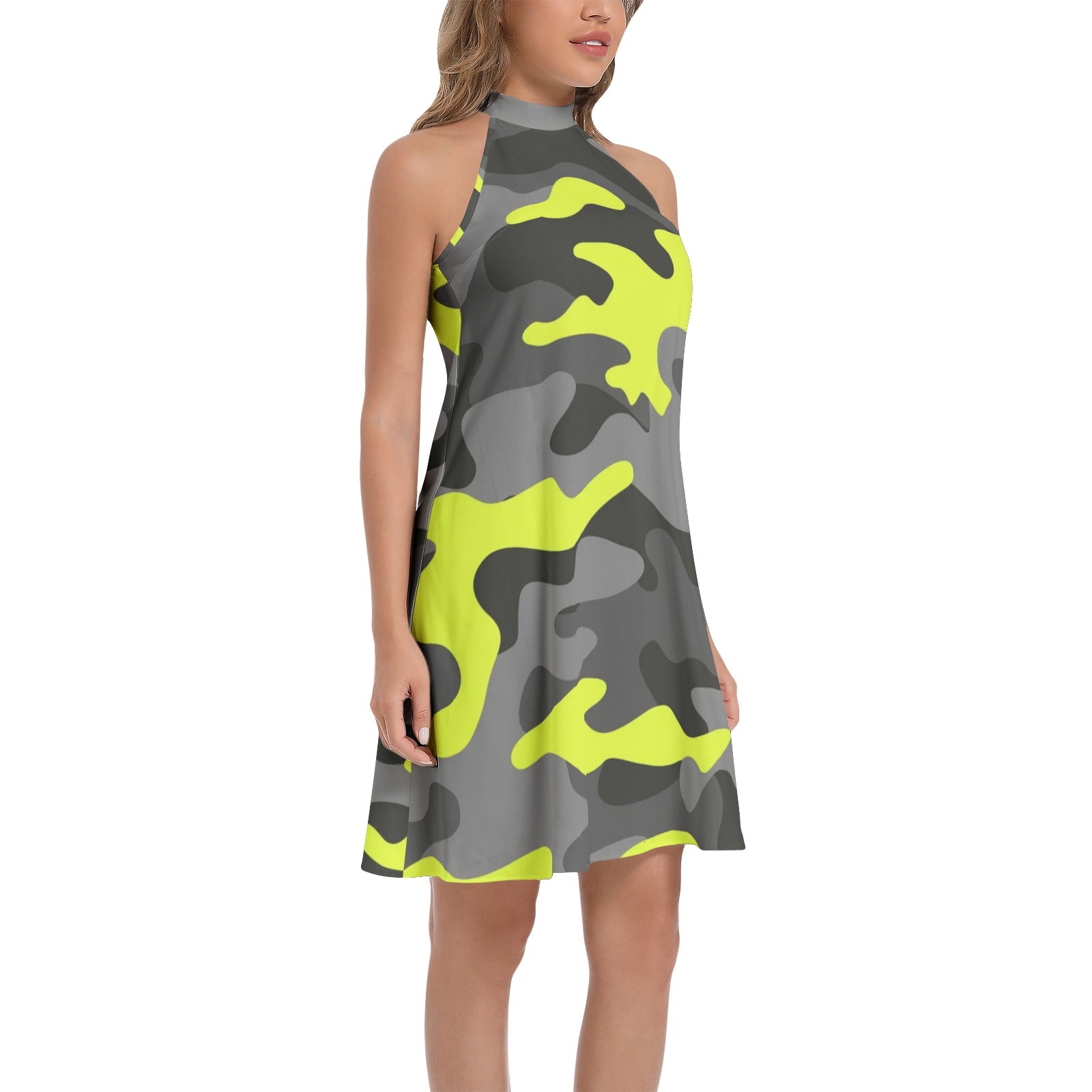 Flared Camo Dress | Halter Neck | Yellow, Black and Gray