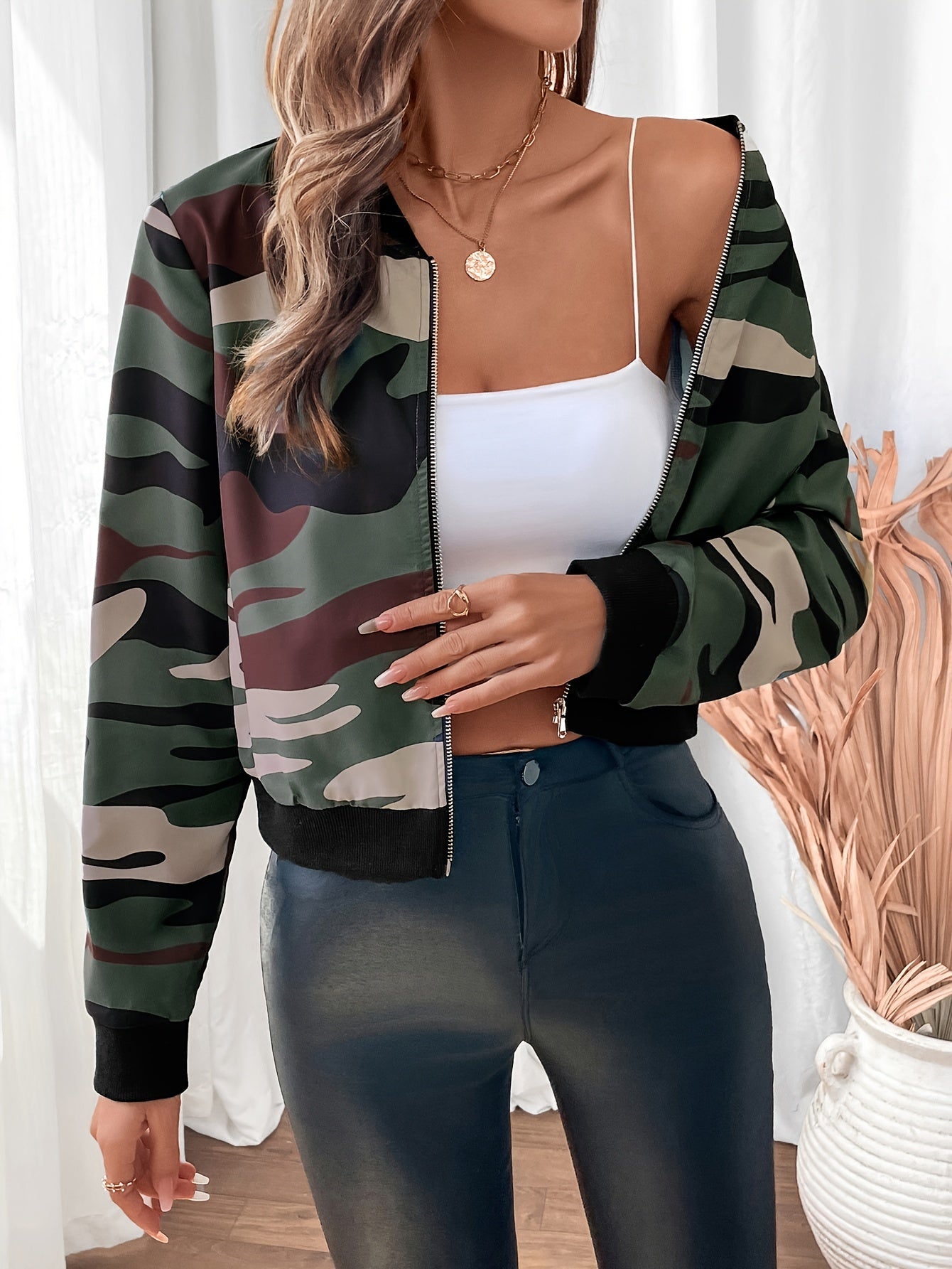 Camo Print Zipper Bomber Jacket, Casual Long Sleeve Outwear For Spring & Fall, Women's Clothing