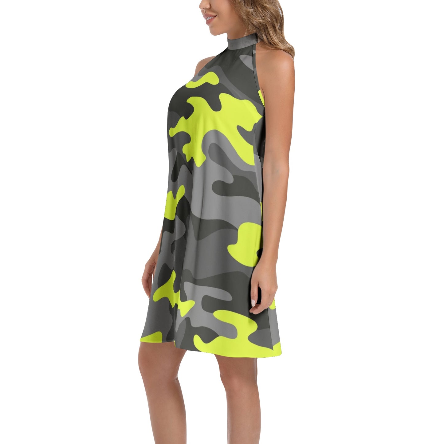 Flared Camo Dress | Halter Neck | Yellow, Black and Gray