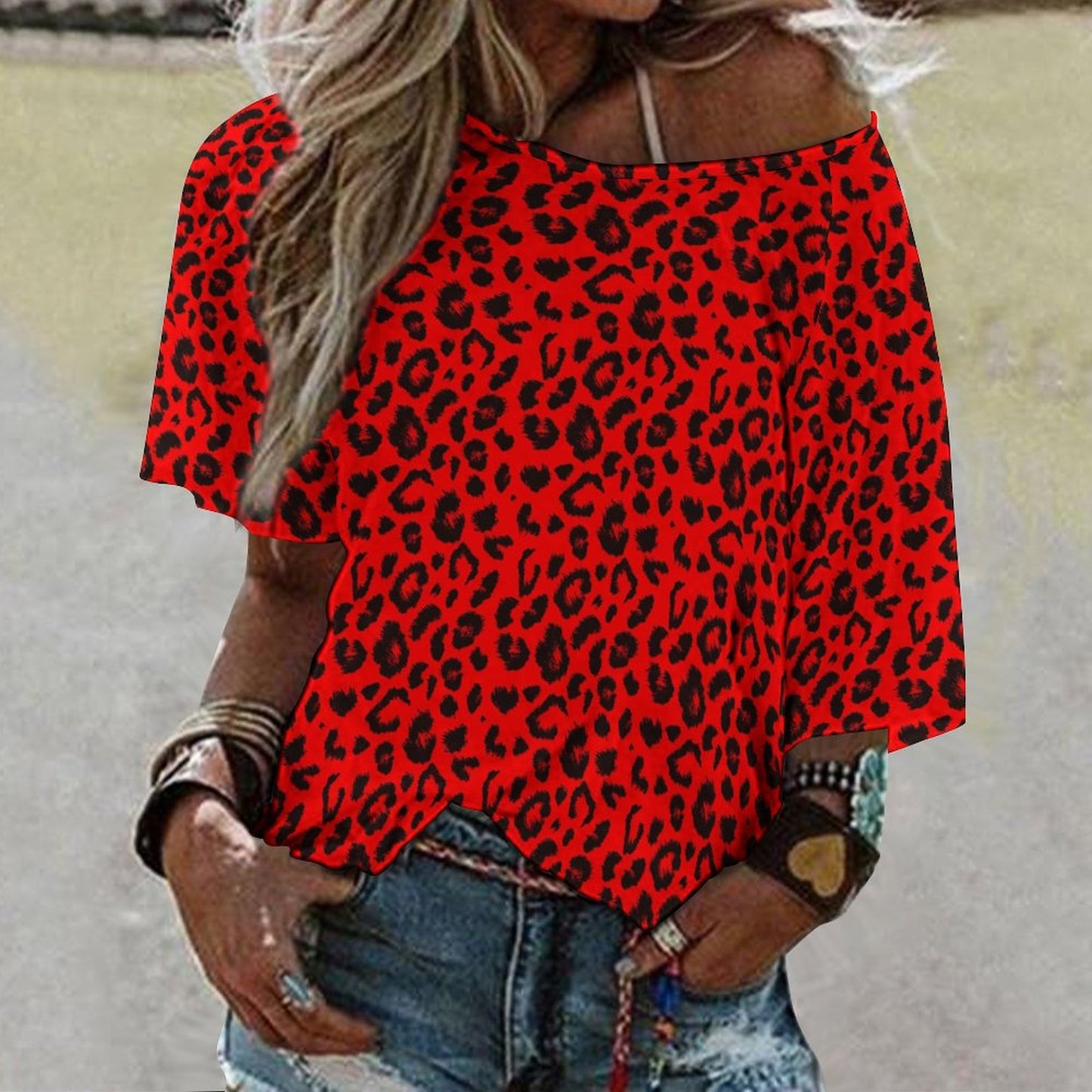 Off The Shoulder Top | Black and Red Leopard Print