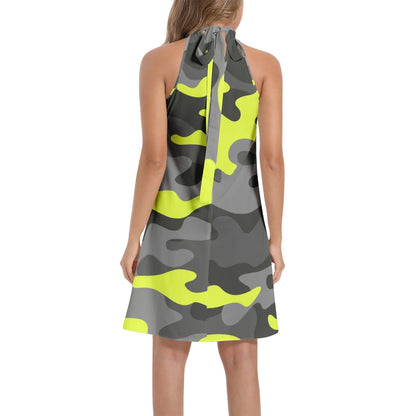 Flared Camo Dress | Halter Neck | Yellow, Black and Gray