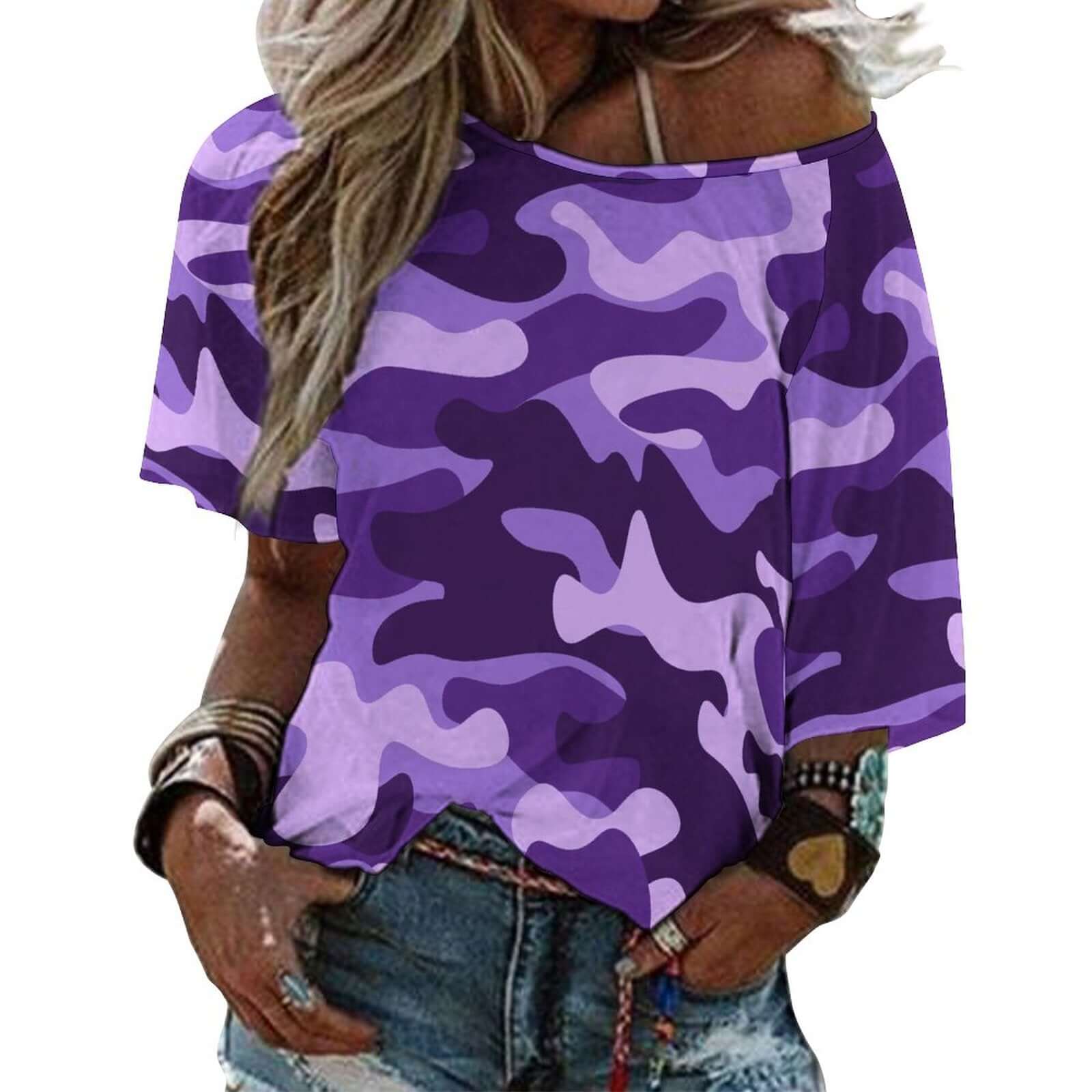 Off The Shoulder Top | Purple, Blue & Mauve Camo Shirt