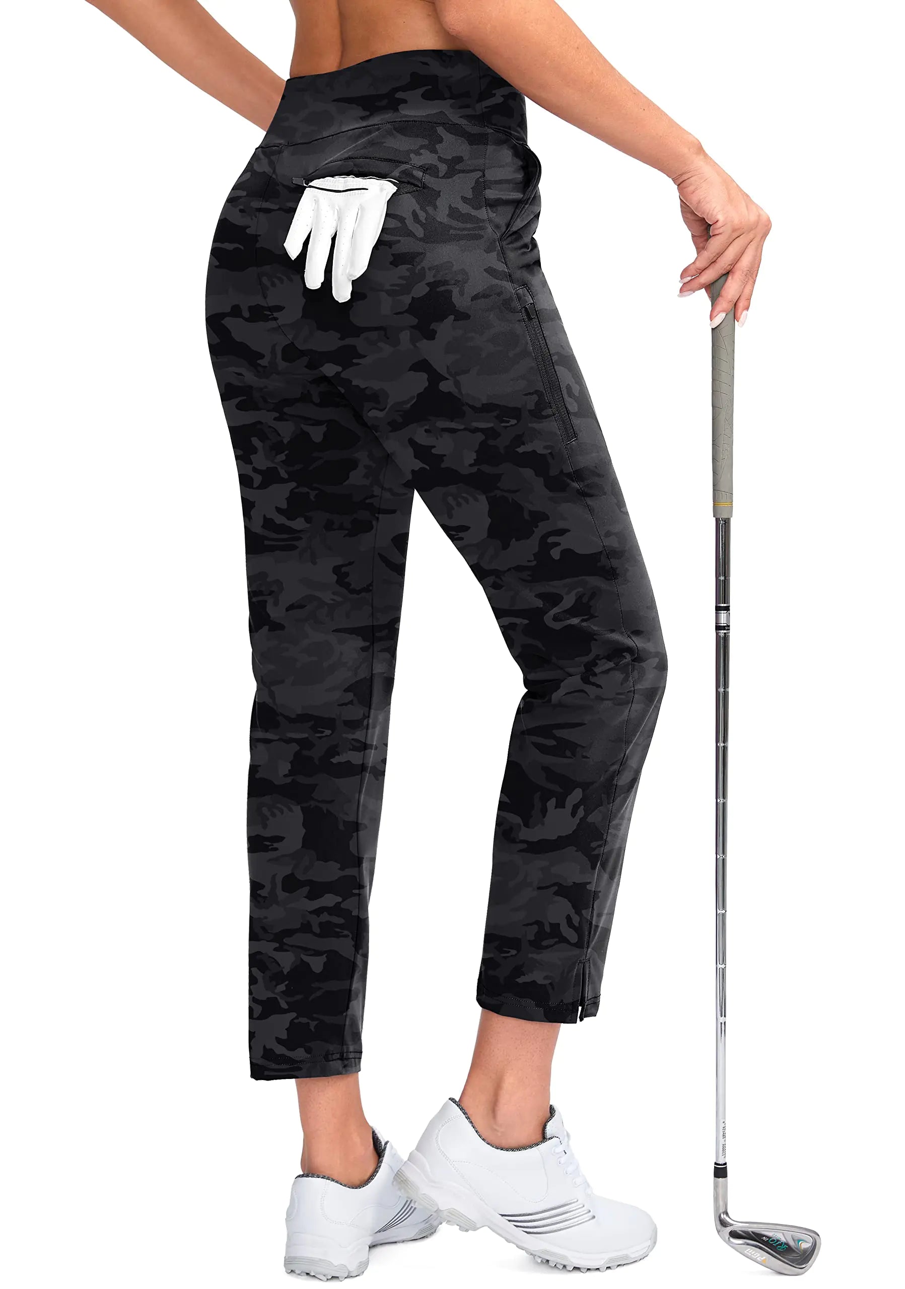 Grey Camo Women's Golf Pants Stretch Work Ankle Pants High Waist